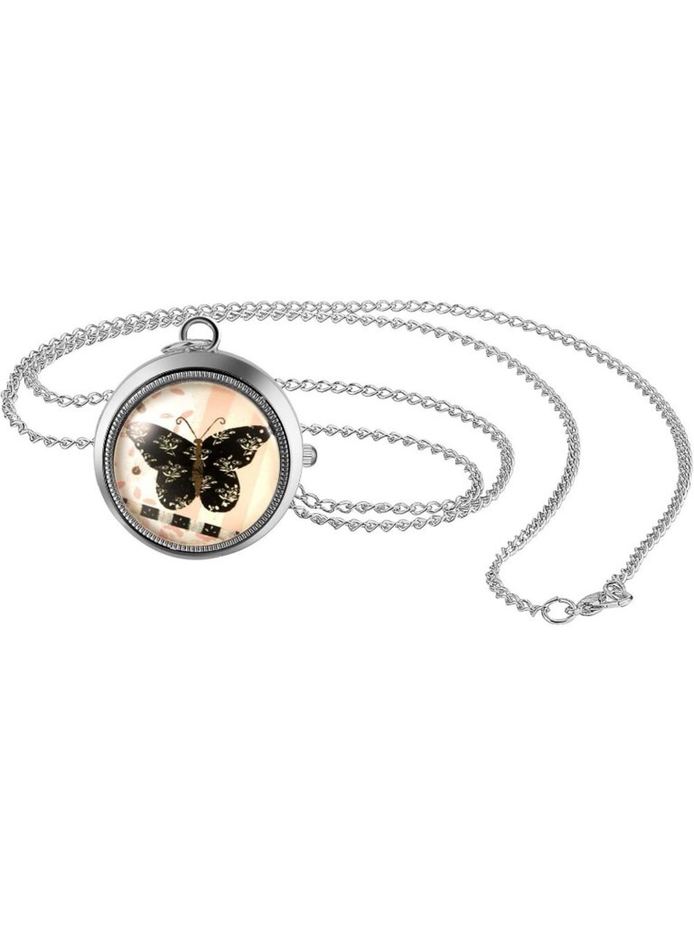 Women Silver Analog Quartz Butterfly Vintage Pendant Necklace Chain Pocket Watch
